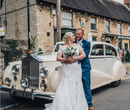 Couple on their Big Day outside the Duke of Wellington in Stanwick